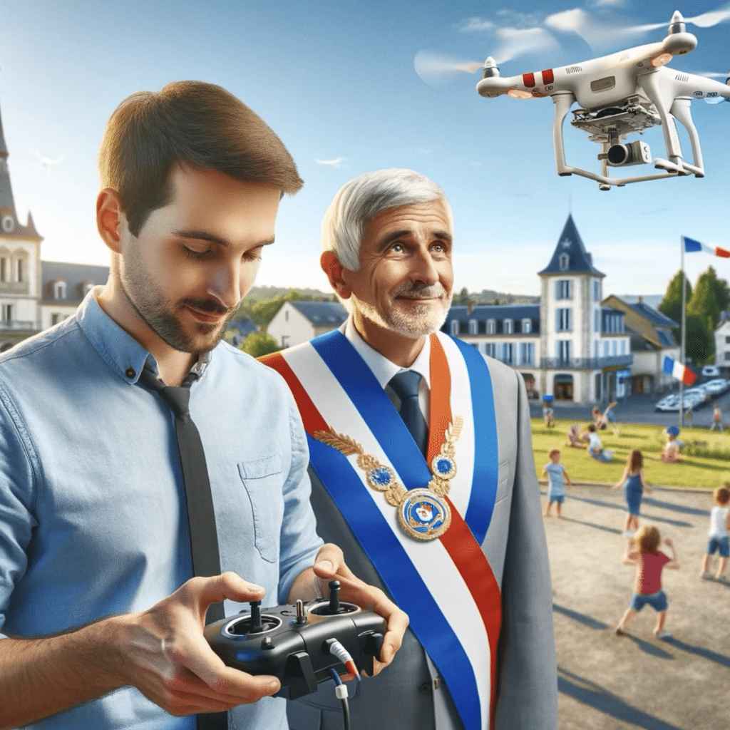 Pilote de drone et maire de commune, en train de filmer une vidéo drone pour la mairie.