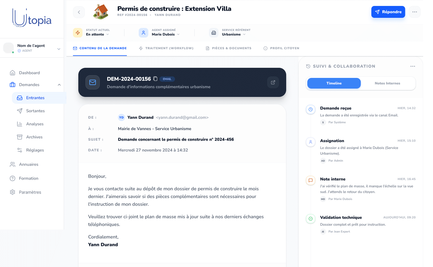 Capture d'écran de la partie gestion des démarches sur Gallia