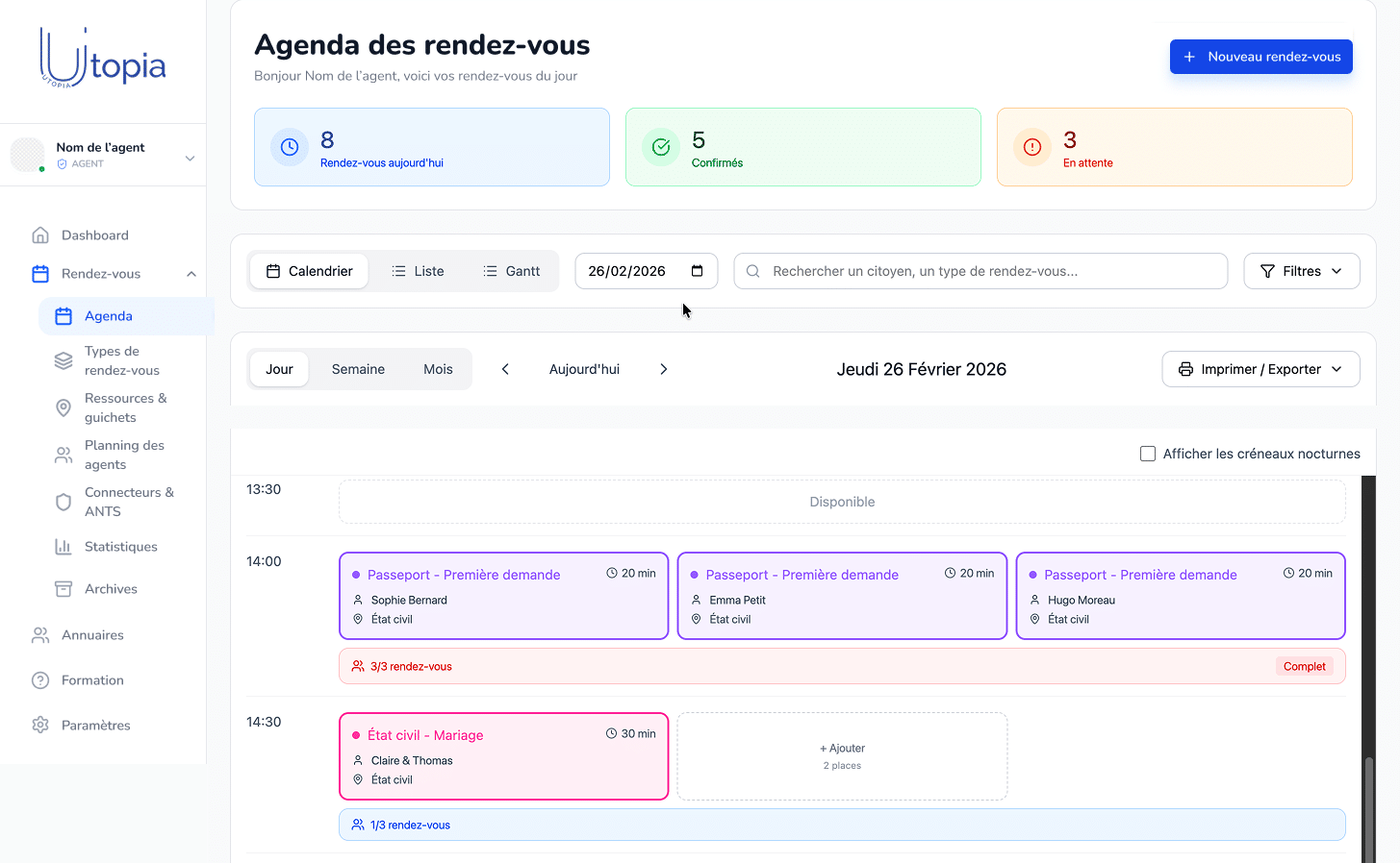 Capture d'écran de la partie rendez-vous sur Gallia