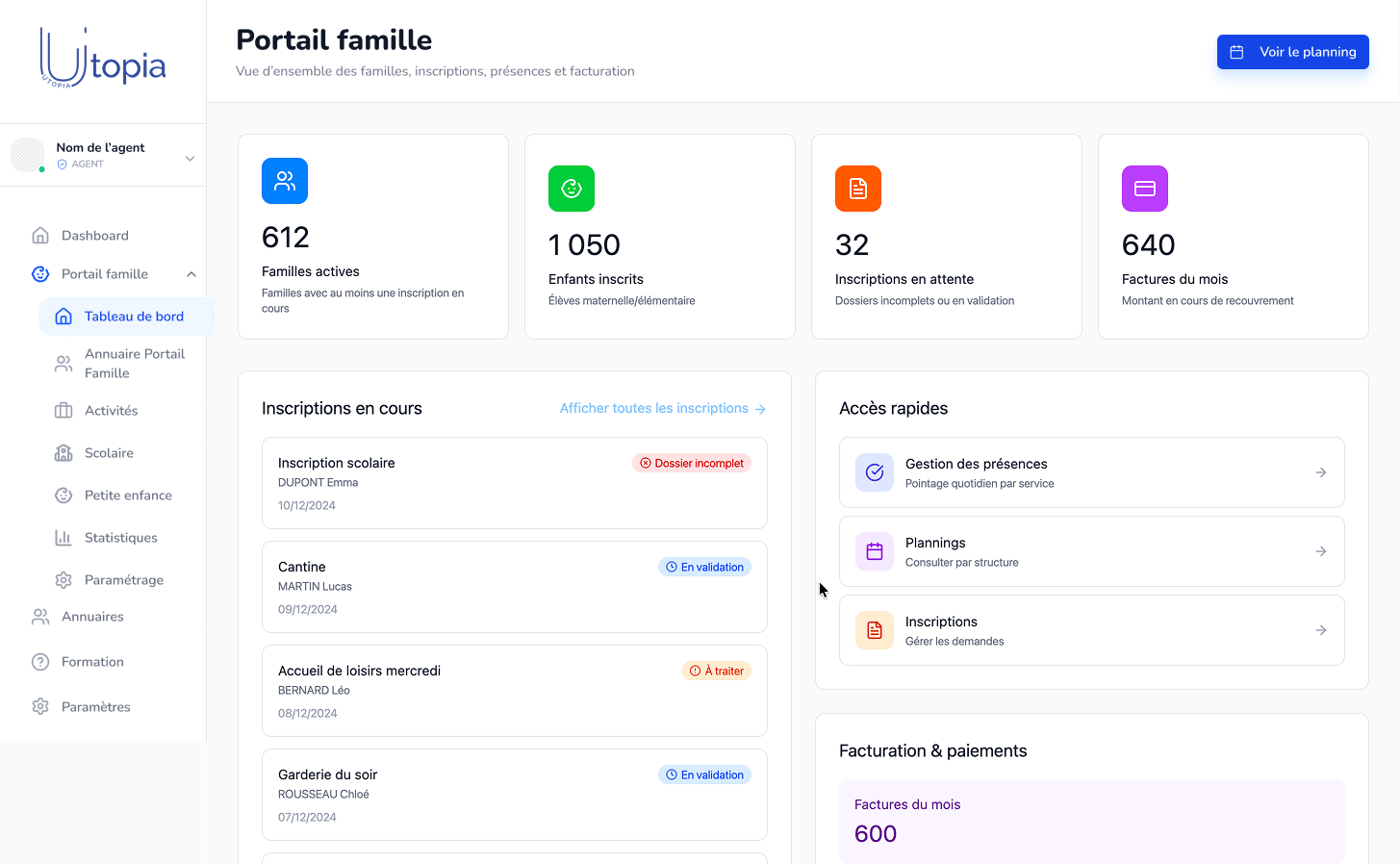 Capture d'écran de la partie portail famille sur Gallia