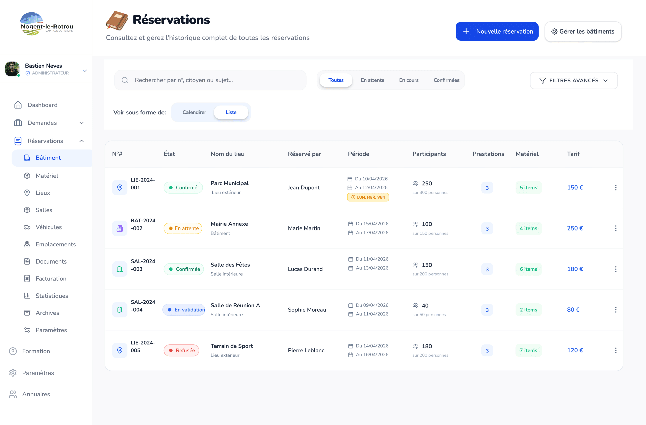 Interface Gallia — liste des réservations